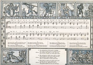 &39;Who Liveth So Merry em toda esta terra&39;, ilustração da canção de &39;Pan-Pipes&39;, um livro das canções velhas, recentemente arranjado e com acompanhamentos por Theo. Marzials, publicado em Londres por George Routledge und So de Walter Crane